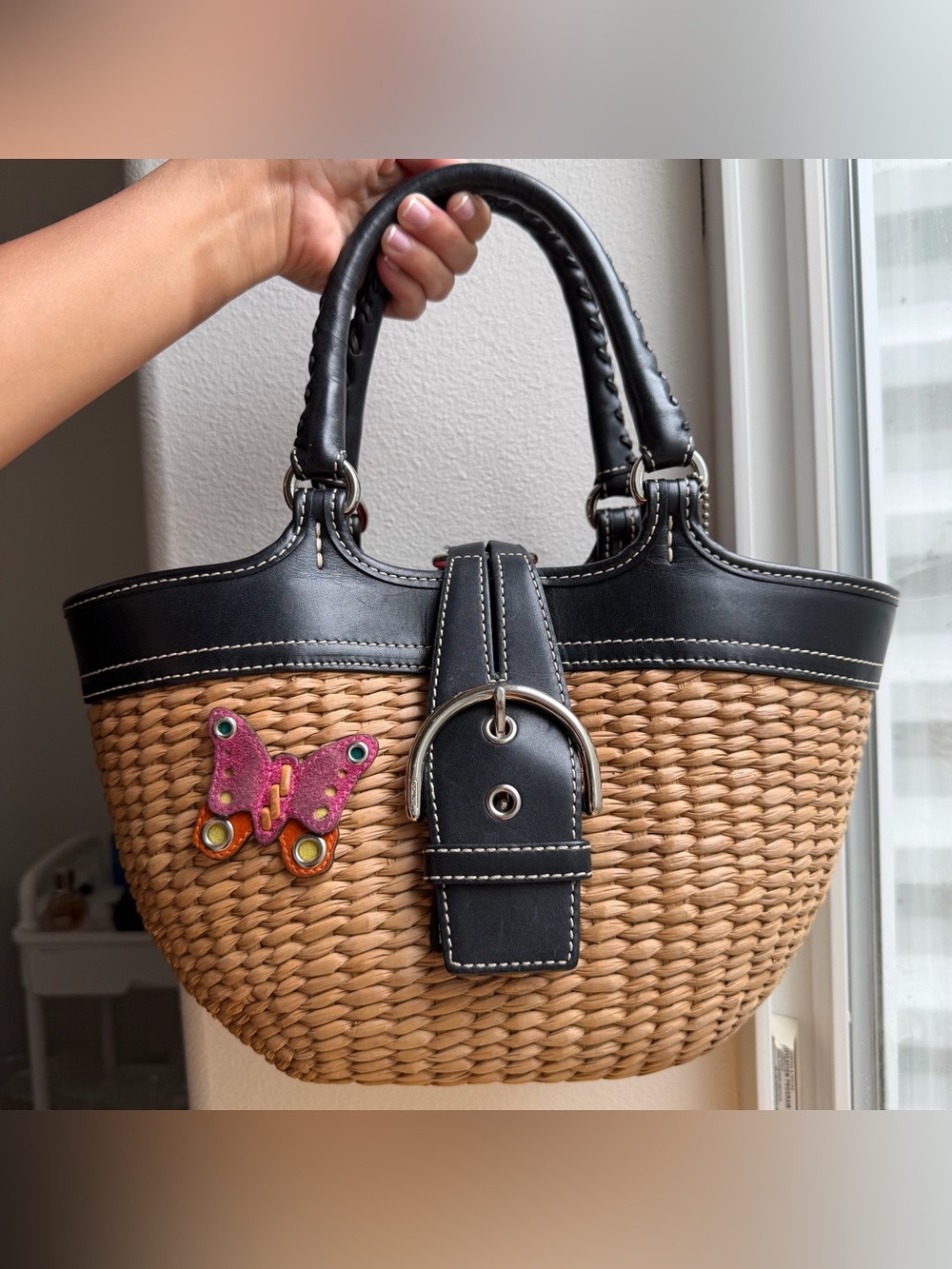 Coach Y2K Black Trim Woven Mini Bag with Pink Butterfly Accent